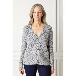 Pure Cashmere Leopard Gray and Blue Classic Cardigan Sweater size 8-10
